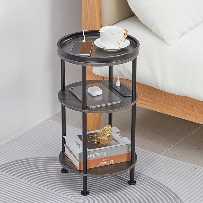 Small Round Side Table with Charging Station for Small Spaces, 3-Tier Accent Table with USB Ports & Power Outlets, Sofa Corner Tea Table for Living Room Nightstand Bedroom Apartment (Grey)