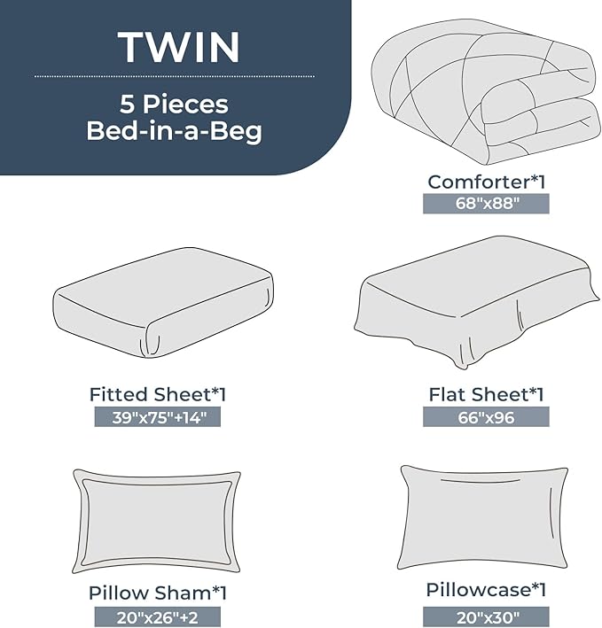 HEVUMYI Light Blue Twin Comforter Set - 5-Piece All Season Bed in a Bag Twin, Ultra Soft Bedding Set with Comforter, Flat Sheet, Fitted Sheet, Pillowcases, Pillow Shams