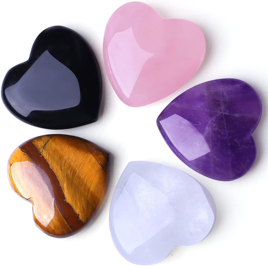5 PCS Crystals Natural Heart Pocket Stones Polished Rose Quartz Amethyst Assorted Healing Crystals Palm Love Shaped 0.8" Gemstones Set Reiki Energy Balancing Meditation Mother's Day Gift