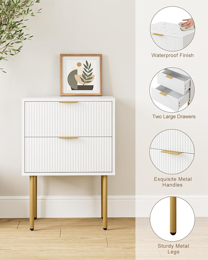 Nightstand,Morden Bedside Table with Gold Frame,Small White Night Stand,End Table,Bedside Furniture,Side Table with Drawer and Shelf for Bedroom,Living Room (2Drawers, White.)