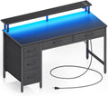Seventable Computer Desk with Power Outlets & LED Light, 55 inch Home Office Desk with 5 Drawers, Writing Desk with Monitor Stand, Work Desk for Home Office, Black