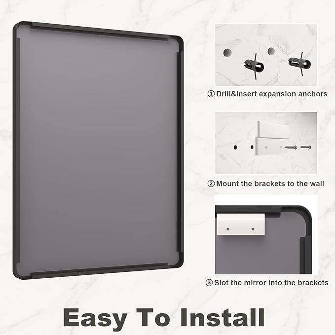32x36 Inch Black Framed Bathroom Mirror for Wall, Matte Black Metal Frame Vanity Mirror, Rounded Corner Rectangle Bathroom Mirror, Anti-Rust, Shatterproof (Horizontal/Vertical)