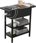Modern End Table with Charging Station, Narrow Side Table with USB Ports & Outlets, Flip-Top Nightstand with Storage Shelf, Small Bedside Table for Living Room, Bedroom, Small Space, Black