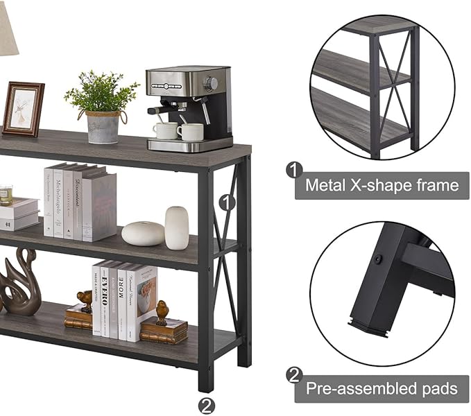 BON AUGURE Rustic Sofa Table Behind Couch, Industrial Console Tables for Entryway, 3 Tier Wood Shelves Entry Table with Storage for Foyer, Hallway, Front Door (47 Inch, Dark Grey Oak)