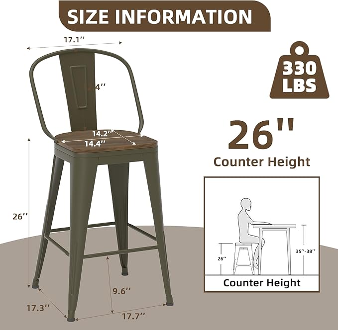 26” Swivel Bar Stools Set of 4, Counter Height Bar Stools Wooden Seat, Metal Industrial Bar Chairs with High Back for Kitchen Island (Rusty)