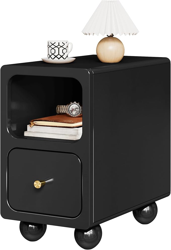 Solid Wood Nightstand, Narrow Night Stand with Drawers, Black Mid Century Modern Nightstand, Small Beside Table with Open Storage Shelf for Bedroom (10 inch)