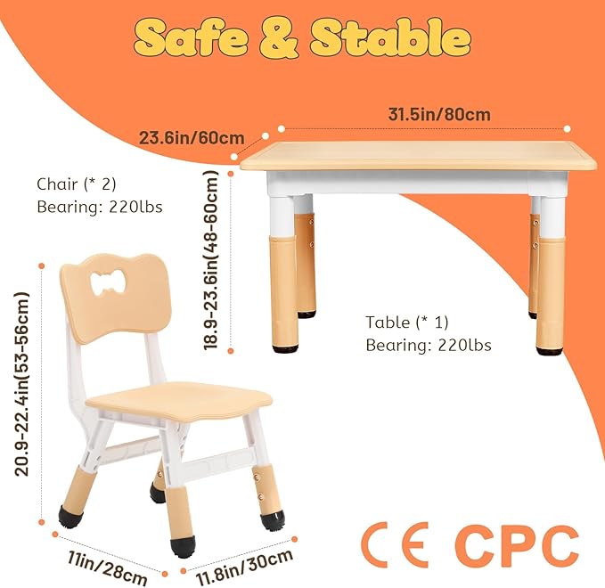 FUNLIO Kids Table and 2 Chairs Set for Ages 3-8, Height Adjustable Toddler Table and Chair Set, Easy to Wipe Arts & Crafts Table, for Classrooms/Daycares/Homes, CPC & CE Approved (3pcs Set) - Natural