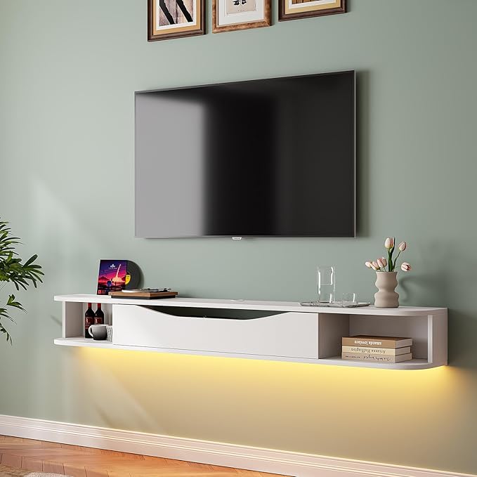 Floating TV Stand,55'' Wall Mounted TV Cabinet,Floating TV Console,Under TV Shelf with 1 Door and 2 Cabinets for TVs up to 65''(White)