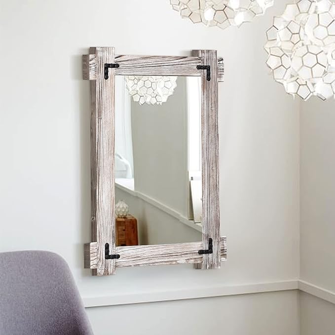 MeMoreCool Farmhouse Rustic Wood Framed Bathroom Mirror, Decorative Wall Mounted Rectangular Mirror for Bedroom, Living Room, or Bathroom, 40x28 Inch, White