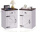 SOOWERY Nightstands Set of 2, Nightstand with Charging Station, Farmhouse End Table with Barn Door and Drawer, Rustic Wood Sofa Side Table for Bedroom, Living Room, White
