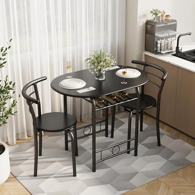 Shahoo 3-Piece Wooden Dining Table Set, Kitchen Breakfast Nook Sets with 2 Chairs & Round Tabletop, Space Saving Furniture Metal Frame and Built-in Wine Rack, Black