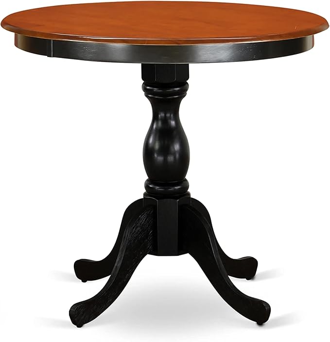 East West Furniture ESLA3-BCH-47 3 Piece Modern Dining Table Set Contains a Round Wooden Table with Pedestal and 2 Light Sable Linen Fabric Upholstered Chairs, 30x30 Inch, Black & Cherry