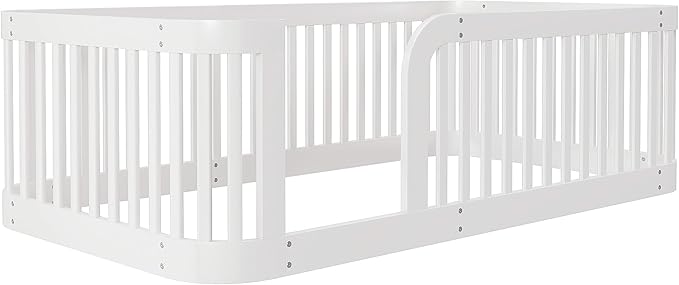 Bellemave Twin Floor Bed with High Fence and Rounded Corner Design, Wood Montessori Floor Bed with Guardrail and Entrance, Easy Assemble Montessori Bed Twin Size, White