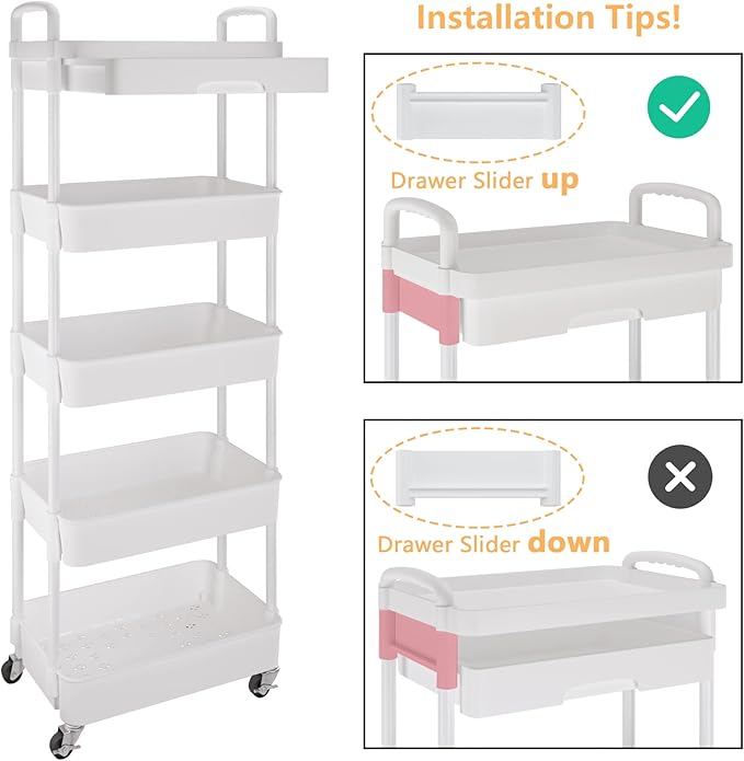 Calmootey 5-Tier Rolling Utility Cart with Drawer,Multifunctional Storage Organizer with Plastic Shelf & Metal Wheels,Storage Cart for Kitchen,Bathroom,Living Room,Office,White
