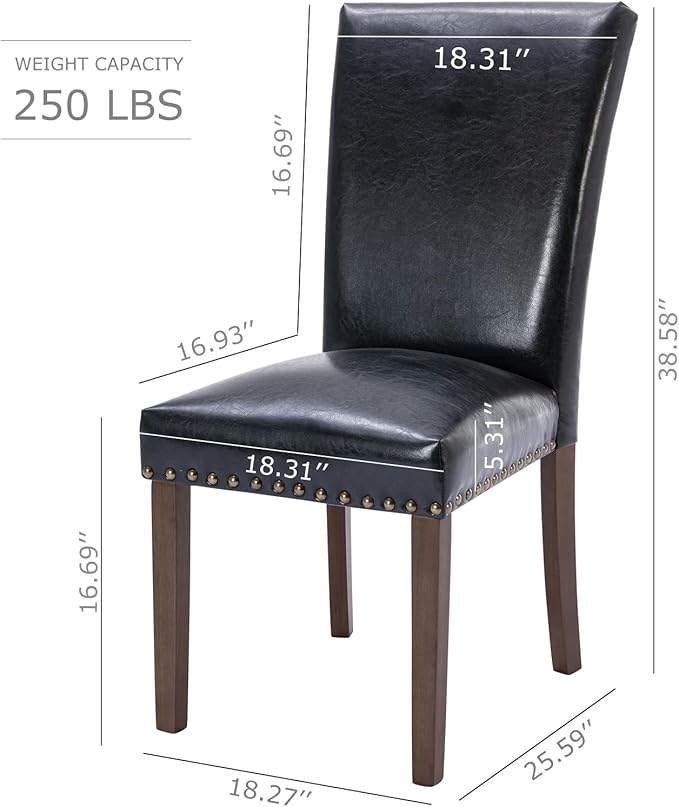 COLAMY Upholstered Parsons Dining Chairs Set of 2, PU Leather Dining Room Kitchen Side Chair with Nailhead Trim and Wood Legs - Black