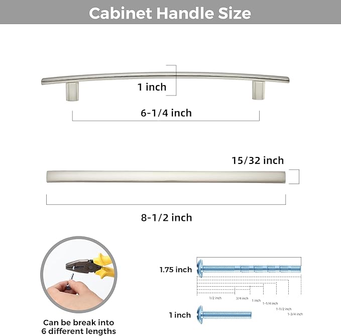 15 Pack Cabinet Handles 6.25" Hole Center - Curved Cabinet Pulls Brushed Nickel Drawer Pulls for Kitchen Cupboard Solid Hardware for Dresser Drawer Arch Hardware