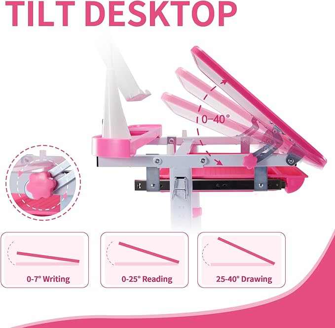 Diroan Kids Functional Desk and Chair Set, Ergonomic Height Adjustable Children School Study Desk with Tilt Desktop, Book Stand, LED Light, Metal Hook and Storage Drawer for Boys Girls(Pink)