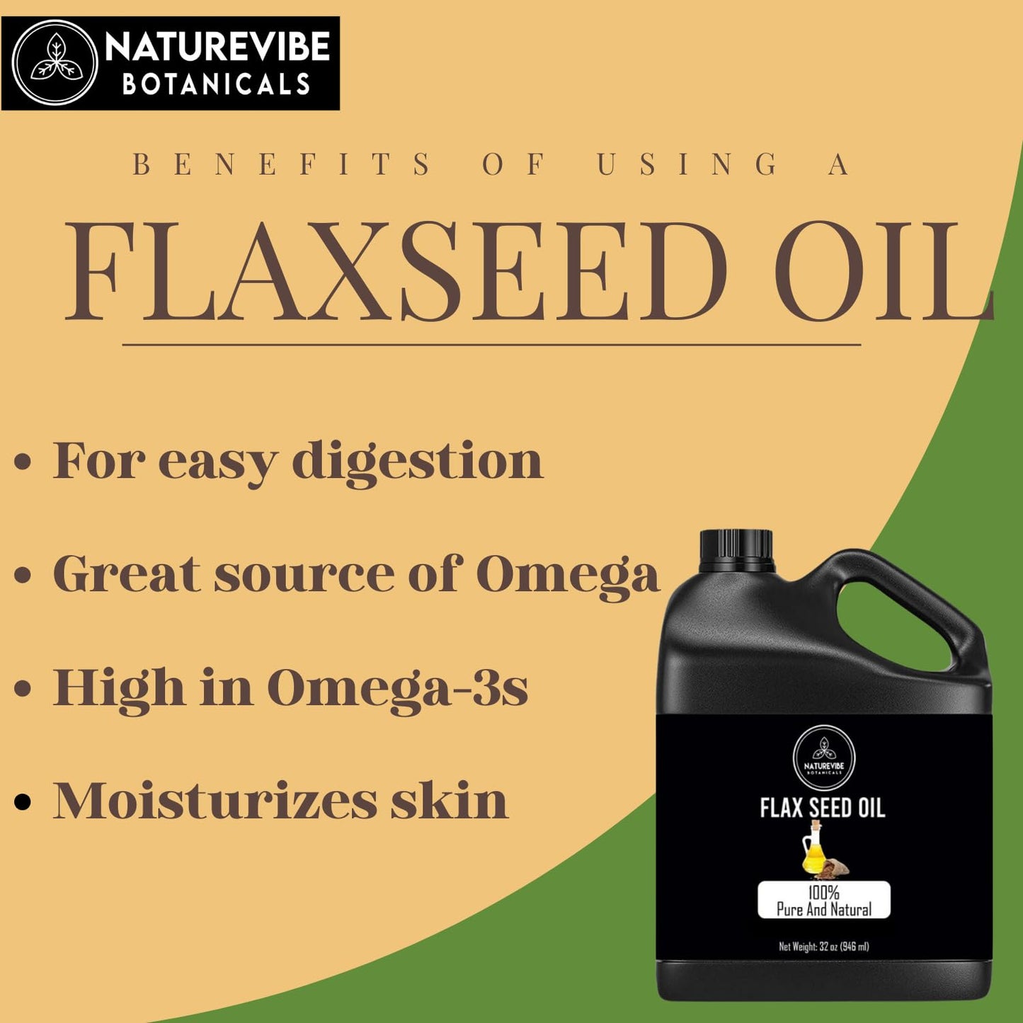 Naturevibe Botanicals Flaxseed Oil 32 Ounces | 100% Pure and Natural | Great for Skin Care and Hair Care