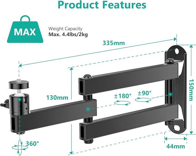 WALI Foldable Projector Wall Mount Universal Adjustable Wall Projector Mount Aluminum Alloy Projectors Stand,1/4" M4 M6 Screw Size,(1330LM-PM), Black