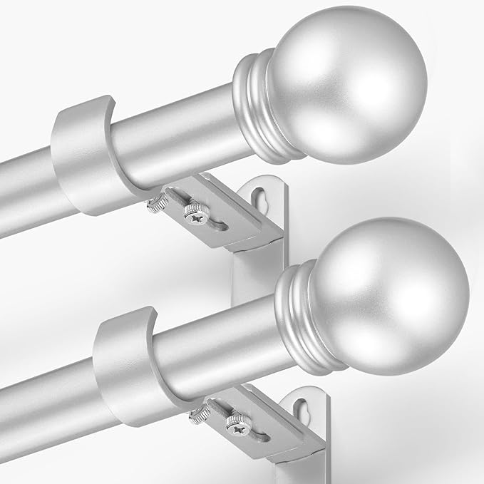 Curtain Rods for Windows 16 to 76 Inches, Curtain Rod Max Adjustable Length of 88 IN, 1" Diameter Drapery Rods Round Finials, Satin Silver, Pack of 2