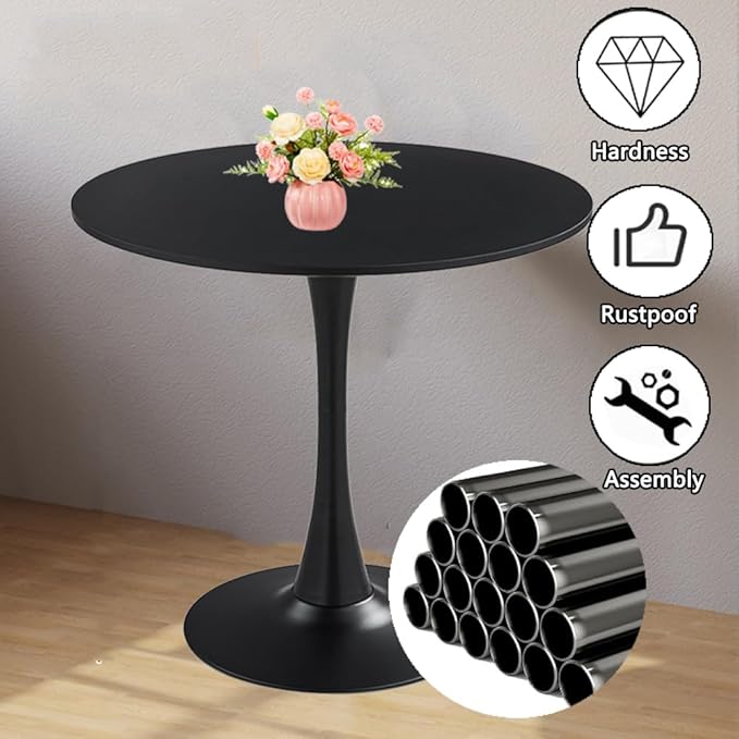 27.3" Tulip Dining Table, Black, Perfect for 2-4 People, Mid-Century Modern Style, Round MDF Top with Sturdy Base for Dining Room, Living Room, Cafe