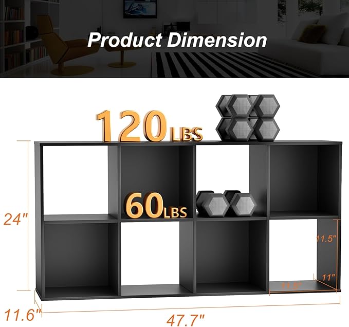 Sweetcrispy 8 Cube Storage Organizer - Open Cube Bookshelf with 4 Removable Back Panels, Display Storage Bookcase for Living Room, Bedroom, Entrance Hall, Home Office，47.7" L×11.6" W×24" H, Black