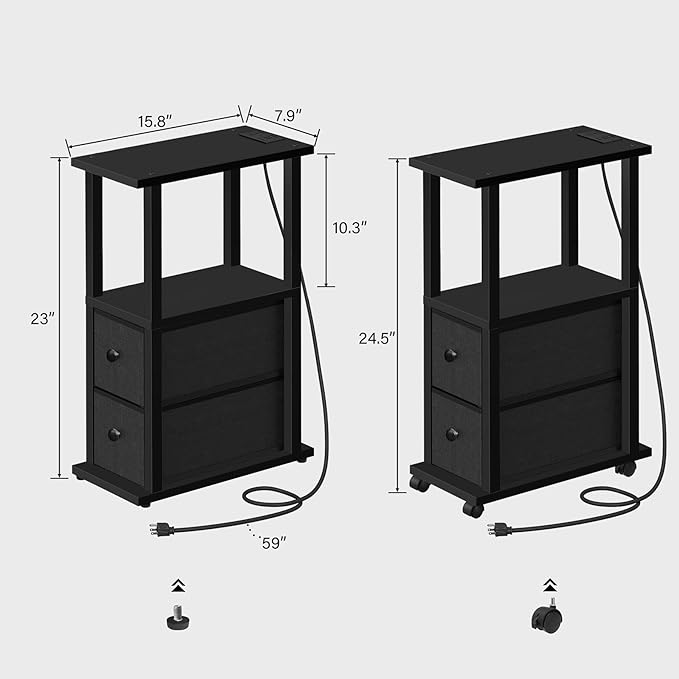 TUTOTAK Small Narrow End Tables, Side Tables with 2 Fabric Drawers, Set of 2, Bedside Tables with Charging Station for Small Spaces, Slim Nightstands with USB Ports and Wheels, TB01BK053