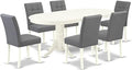 East West Furniture VAAS7-LWH-41 7 Piece Modern Dining Table Set contain A Dinner Table and 6 Platinum Gray Polyester Fabric Wooden Chairs with Stylish Back- Linen White Finish