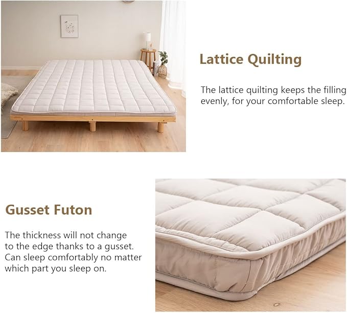 EMOOR Japanese Padded Futon Mattress Machi Queen Gray, Gusset Foldable Storable Elastic Bands Floor Sleeping Guest Bed Tatami Mat