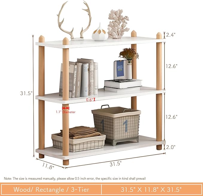 IOTXY 3-Tier Wooden Shelf Bookcase - Modern Open Bookshelf, Free Standing Storage Rack, Multifunctional Display Stand for Home and Office, White, Rectangle