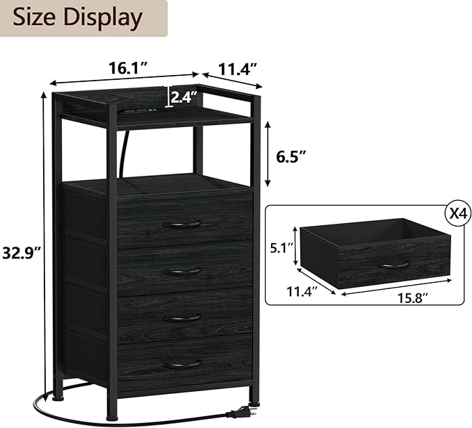 Furnulem Night Stand with Charging Station, Black Nightstand with Drawers and Led Light, Tall Dresser for Bedroom, Bedside Table with Fabric Storage Bins, Metal Frame, Wood Furniture