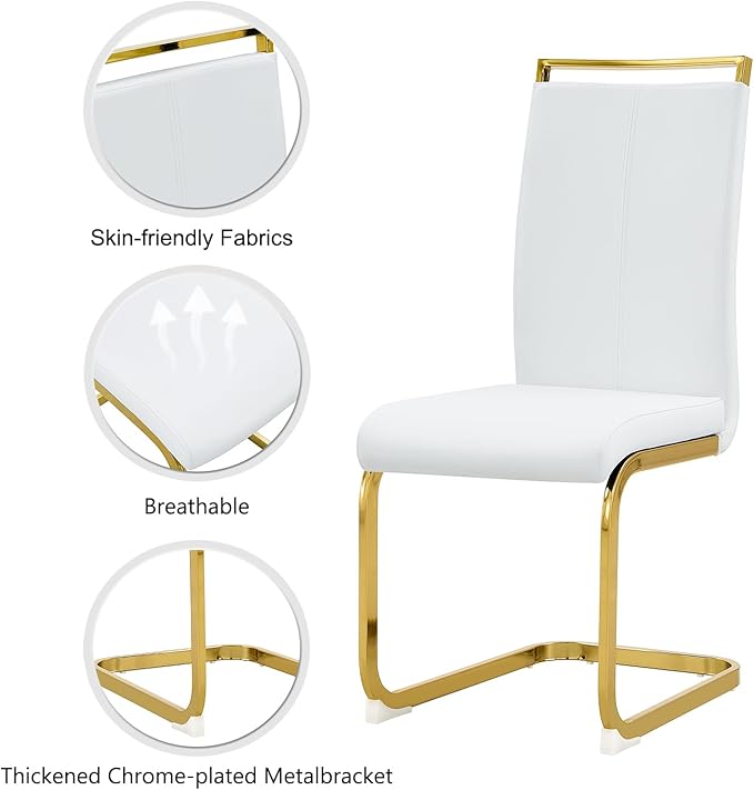 Modern Dining Chairs Set of 6,High Back White Kitchen Chairs,Faux Leather Side Chair with Gold Plated Metal Legs,Easy to Clean Upholstered Dining Chairs,Ideal for Living Room(Gold Leg)