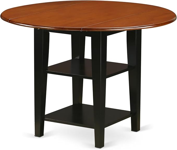 East West Furniture SUAN5-BCH-C 5 Piece Kitchen Table & Chairs Set Includes a Round Dining Table with Dropleaf & Shelves and 4 Linen Fabric Dining Room Chairs, 42x42 Inch, Black & Cherry