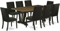 East West Furniture V677FL624-9 9 Piece Kitchen Table Set Includes a Rectangle Dining Table with V-Legs and 8 Black Linen Fabric Parsons Dining Chairs, 40x72 Inch, Multi-Color