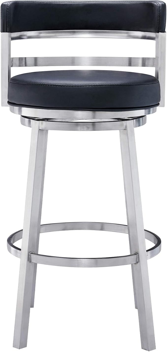 Armen Living Titana 26" Counter Height Swivel Black Faux Leather and Brushed Stainless Steel Bar Stool