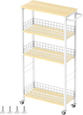 YBING Slim Storage Cart 4-Tier Rolling Kitchen Utility Cart White Narrow Laundry Storage Cart on Wheels and Wood Table Top Mobile Shelving Unit Organizer Trolley for Bathroom Small Space 7.3" W
