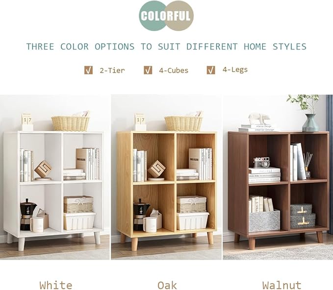 IOTXY Open Cube Low Bookcase - 3-Tier Freestanding Storage Display Cabinet Organizer with Legs for Home Office, 3-Cubes Open Shelf Short Bookshelf, Oak