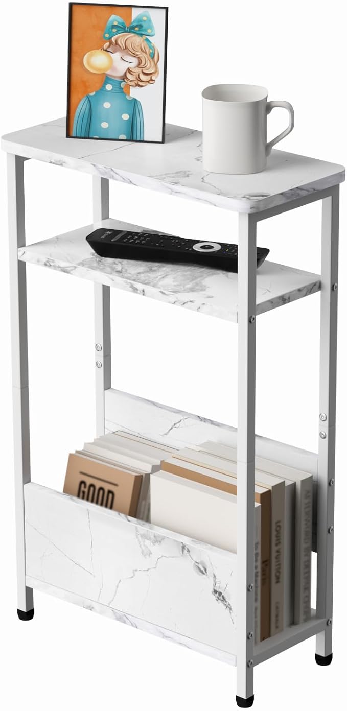 7.1" Narrow Side Table for Small Spaces, 3 Tier Small End Table with Magazine Holder, Slim/Skinny Nightstand/Bedside Table, 15.4" L x 24.2" H, Faux White Marble with White Legs