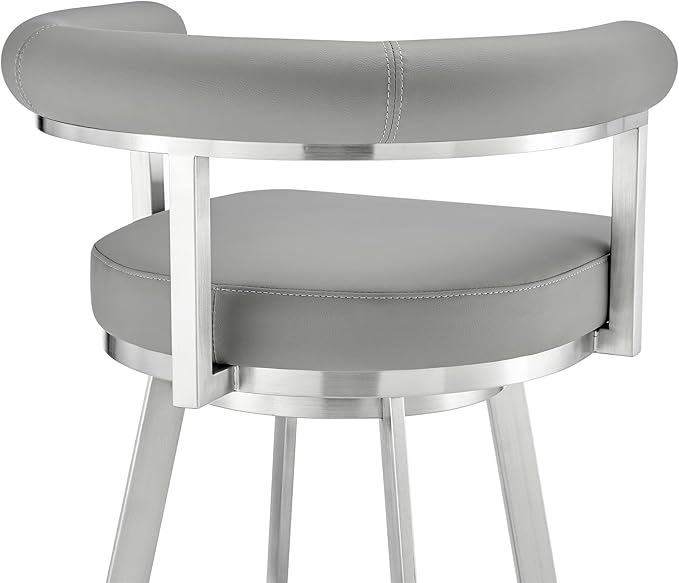 Armen Living Magnolia Swivel Bar Stool in Brushed Stainless Steel with Light Grey Faux Leather