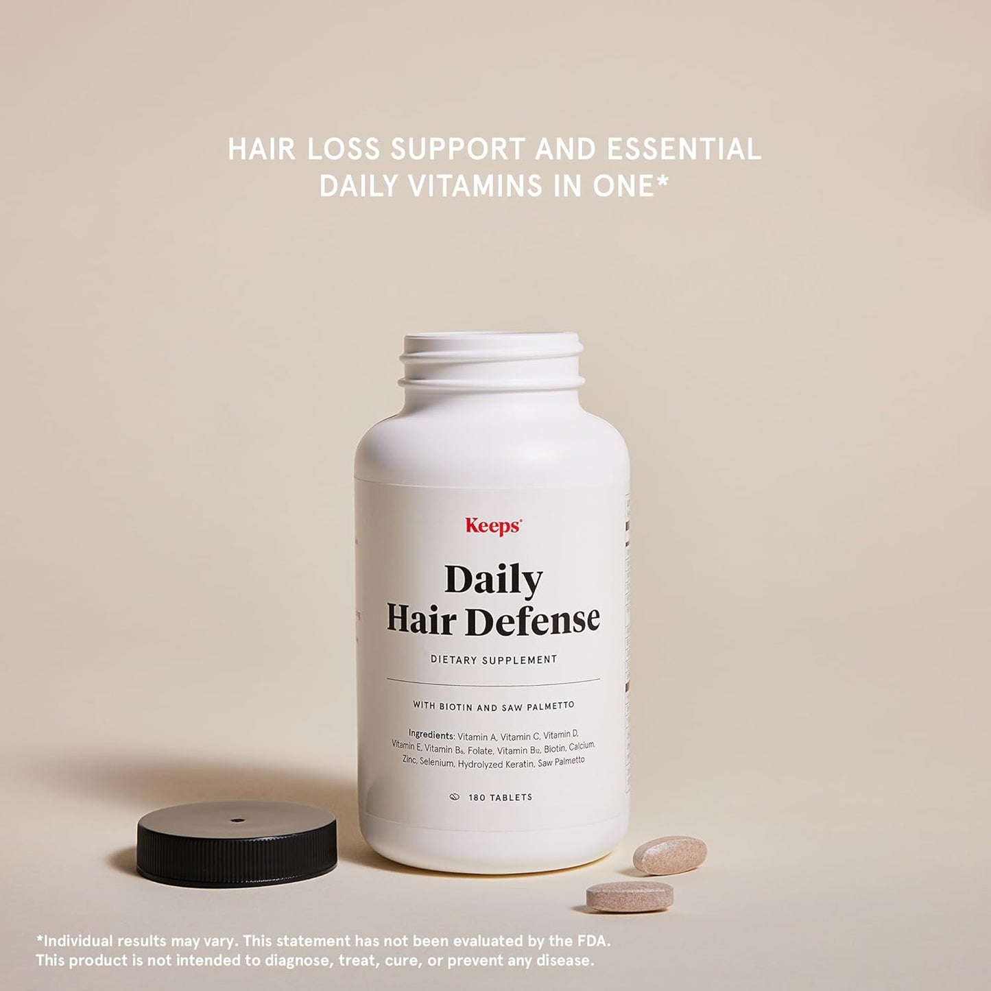 Keeps Daily Hair Supplement, 180 Tablets - Saw Palmetto Promotes Healthy Hair - Biotin, Vitamins A, B6, B12, C, D, Calcium, Selenium & Zinc - Men & Women - 3 Month Supply