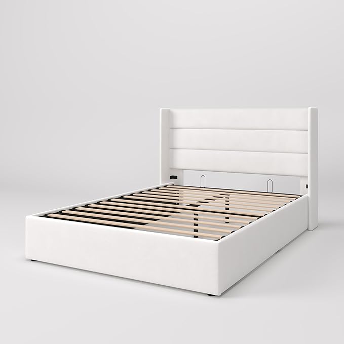 SHA CERLIN Queen Size Lift Up Storage Bed/Velvet Upholstered/Modern Wingback Headboard/Upholstered Platform Bed Frame/Hydraulic Storage/No Box Spring Needed/White