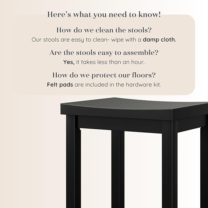 Grain & Grove Smith Collection Solid Wood Bar Stool, 30 inch Saddle-Seat Bar Chair, Backless, Heavy-Duty Construction, Footrest Support, Ideal for Kitchen Islands, Home Bars, and Counters, Black