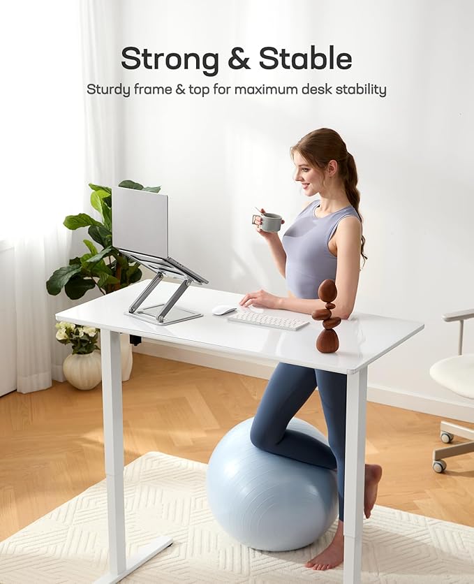 Marsail Glass Electric Standing Desk with Drawer, 48 x 24 Inches Height-Adjustable Desk, One-Piece Tempered Glass Top, Ergonomic Home Office Sit Stand Desk with 4 Preset Heights, White