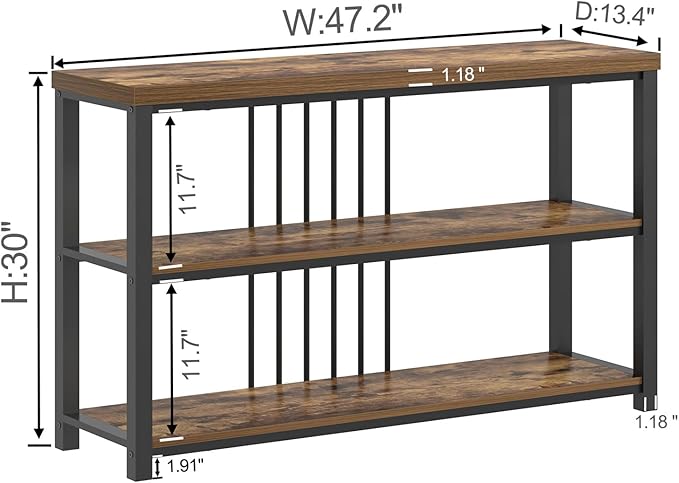 FOLUBAN Industrial Console Table, 3 Tier Entryway Table, Sofa Foyer Table for Living Room Hallway Behind Couch, Rustic Brown