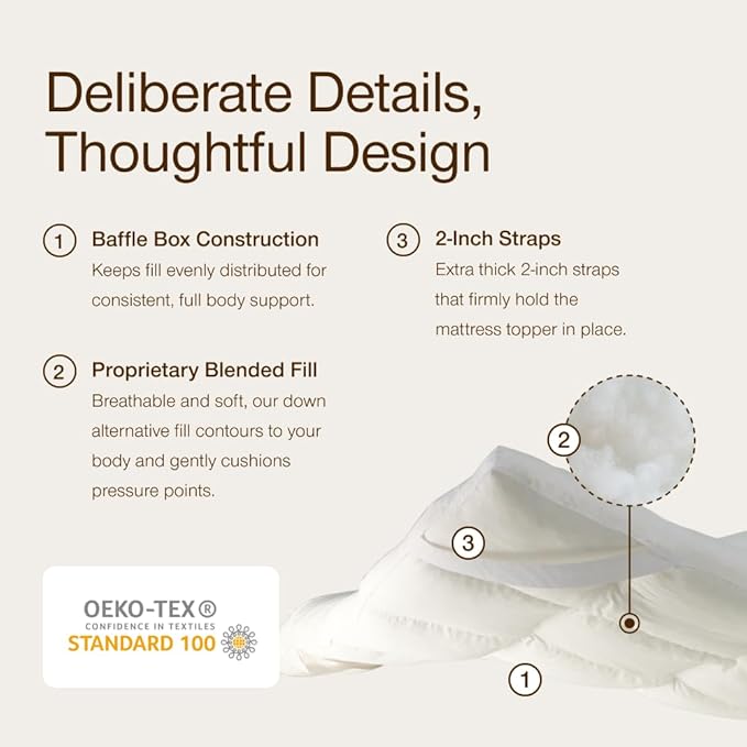 Coop Home Goods Essence Down Alternative Mattress Topper Queen, Plush 2-Inch Gusset and Baffle Box Design for Even Support and Comfort, Premium Bed Topper for Pressure Relief, Oeko-TEX Certified
