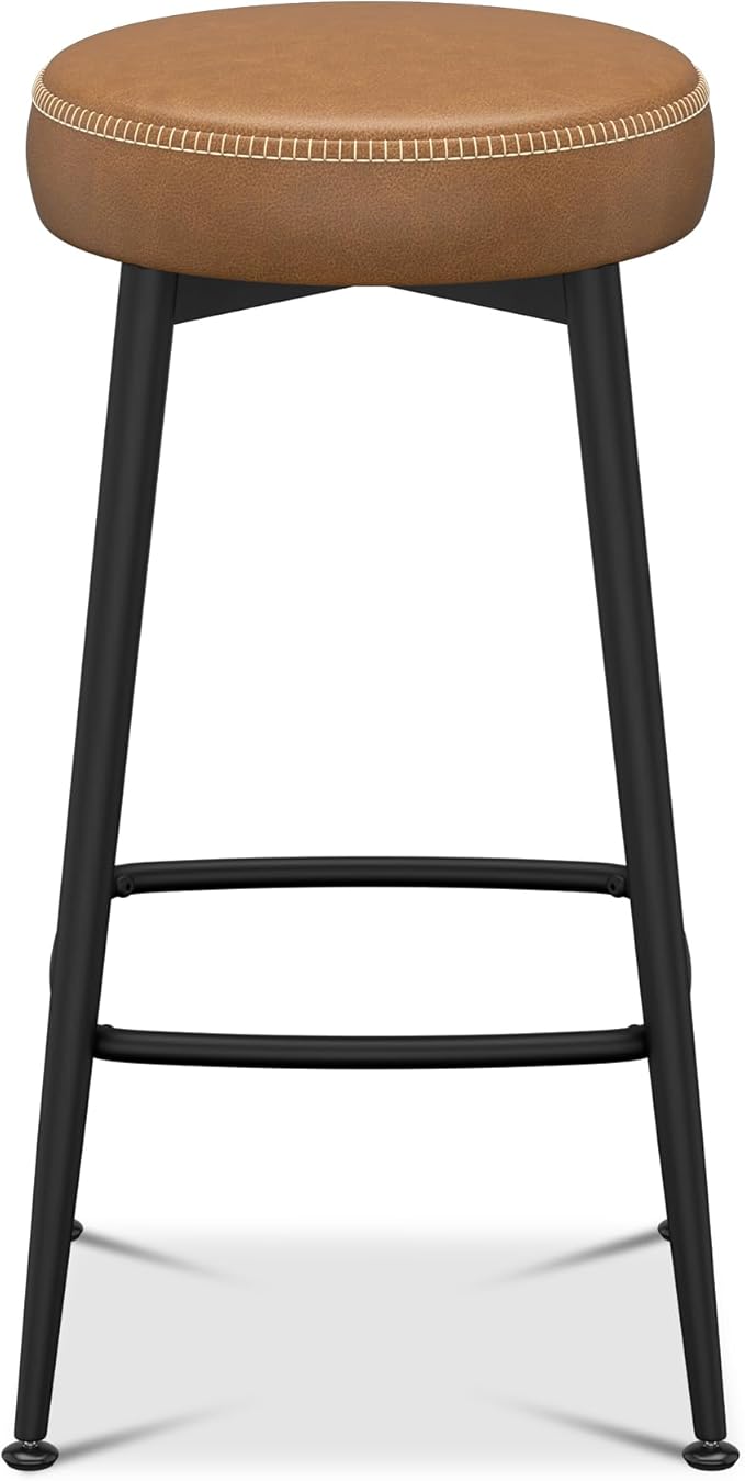 Counter Height Bar Stools, 26" H Backless Bar Stools Set of 2, Upholstered Faux Leather Kitchen Counter Stools, Mid Century Modern, Kitchen Island Home Bar, Pub, Caramel Brown