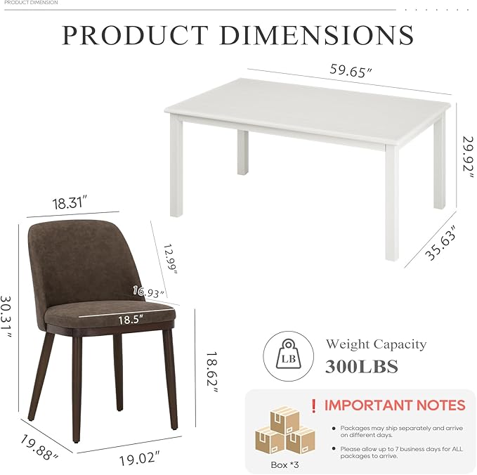 COLAMY 60 Inch Rectangular Kitchen Dining Table for 4, Modern Farmhouse Dining Table Set for 4, Wood Dining Table and Upholstered Dining Chairs for Kitchen, Dining Room, Restaurant, White/Dark Brown