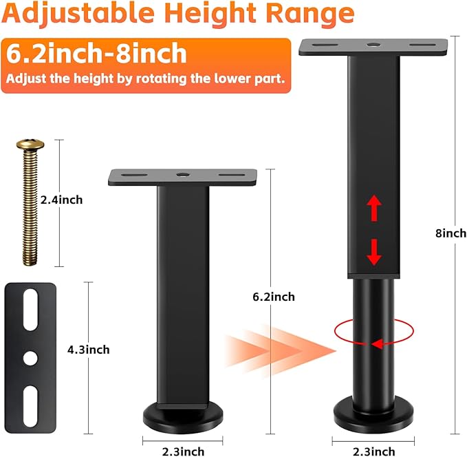 2PCS Adjustable Height Bed Support Legs, 6.2-8 Inch, Metal Heavy Furniture Legs with Rubber Non-Slip Base for Sofa/Cabinet/Couch/Dresser/Table, Furniture Feet Replacement for King Queen Bed Frame Slat