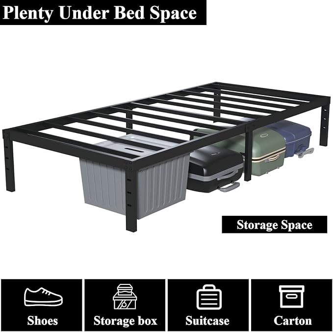 Twin Bed Frame No Box Spring Needed, 14 Inch Heavy Duty Metal Platform Bed Frame Twin Size with Storage, 2500lbs Steel Slats Support, Easy Assembly, Black