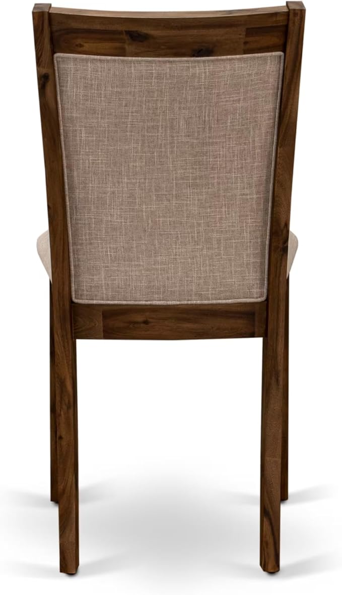 I7MZ7-50N-04 7-Pc Dining Set consists of a Pedestal Dining Table and 6 Light Tan Polyester Fabric Dining Chairs with Padded Back - Antique Walnut Finish